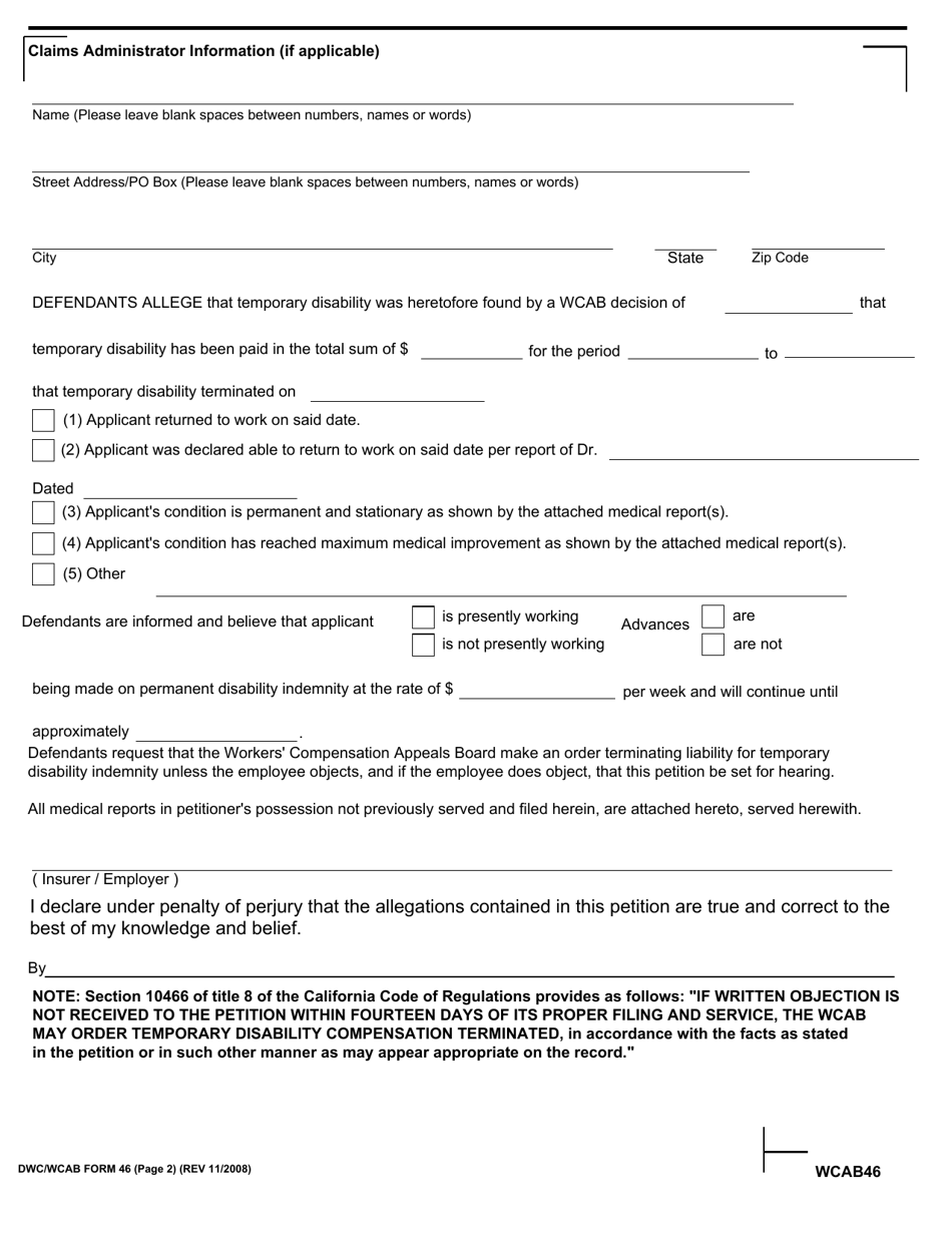 DWC / WCAB Form 46 Petition to Terminate Liability for Temporary Disability Indemnity - California, Page 2