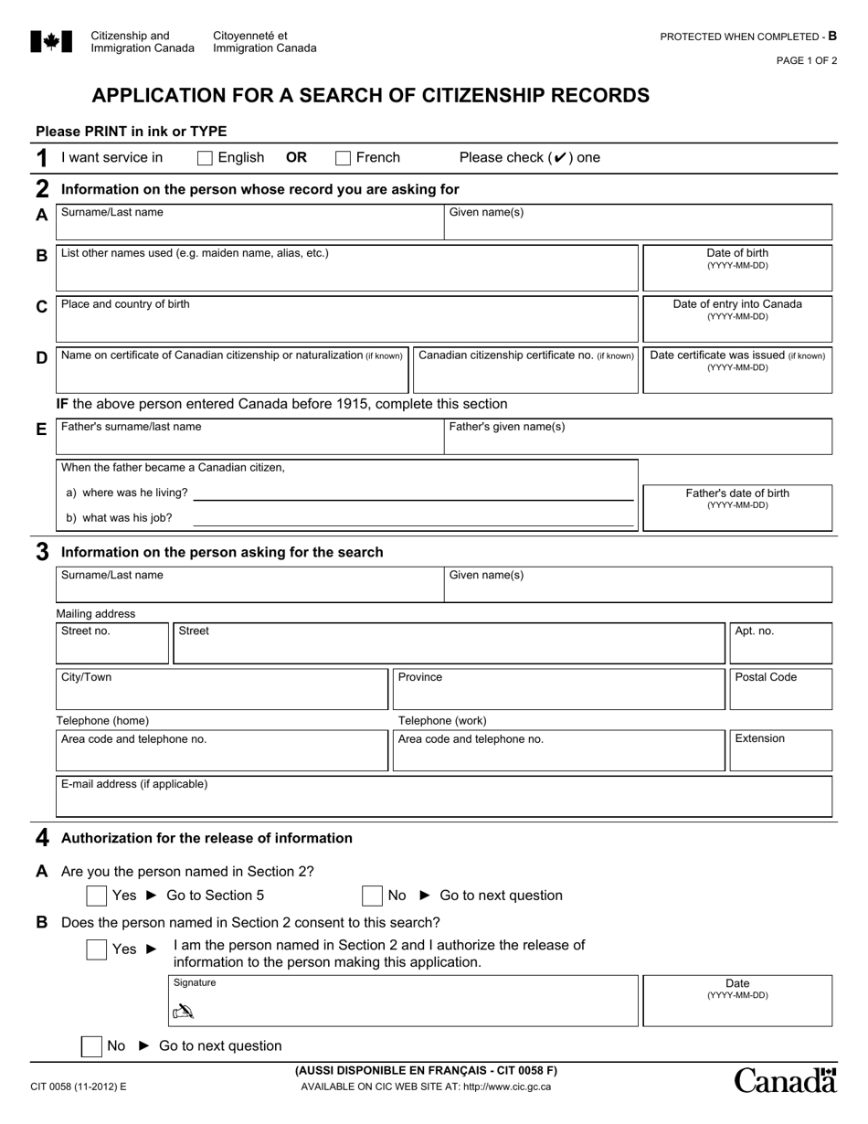 Form CIT0058 Application for a Search of Citizenship Records - Canada, Page 1