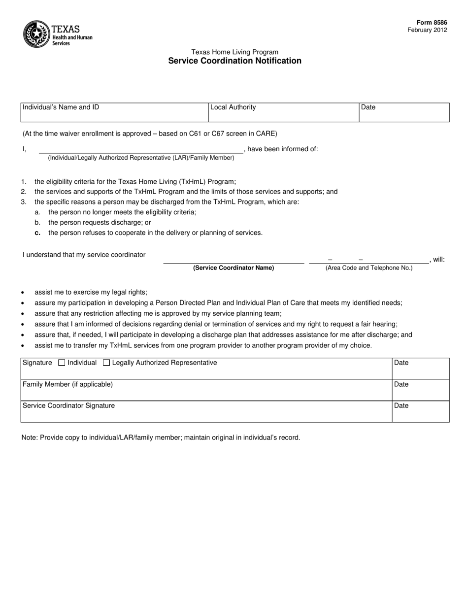 Form 8586 Txhml Service Coordination Notification - Texas, Page 1