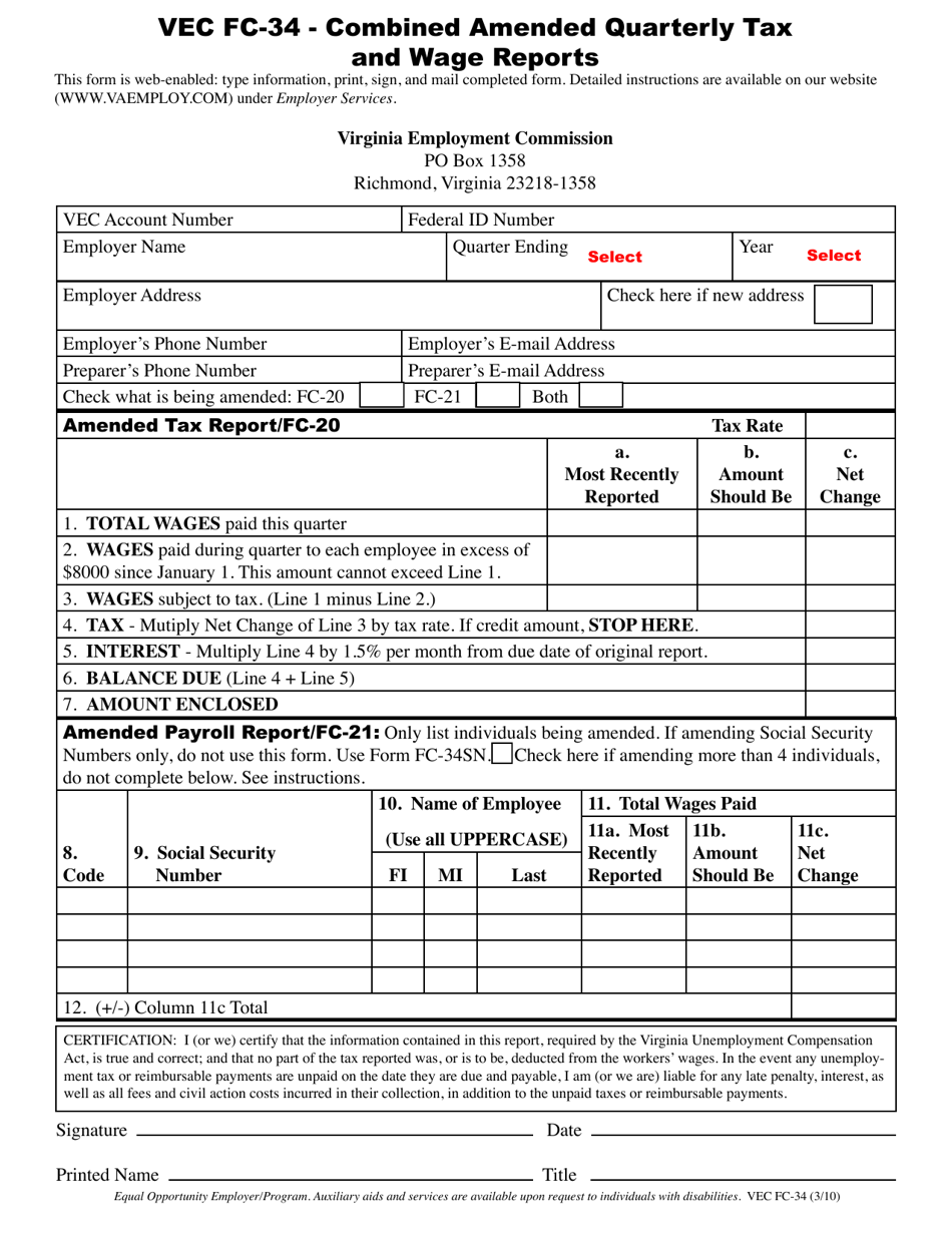 Form VEC FC-34 Combined Amended Quarterly Tax and Wage Reports - Virginia, Page 1