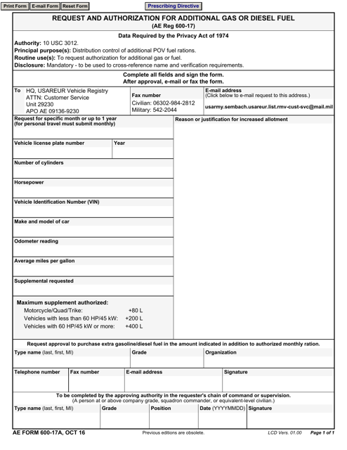 AE Form 600-17A Request and Authorization for Additional Gas or Diesel Fuel