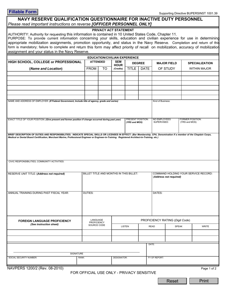 NAVPERS Form 1200 / 2 Navy Reserve Qualification Questionnaire for Inactive Duty Personnel, Page 1