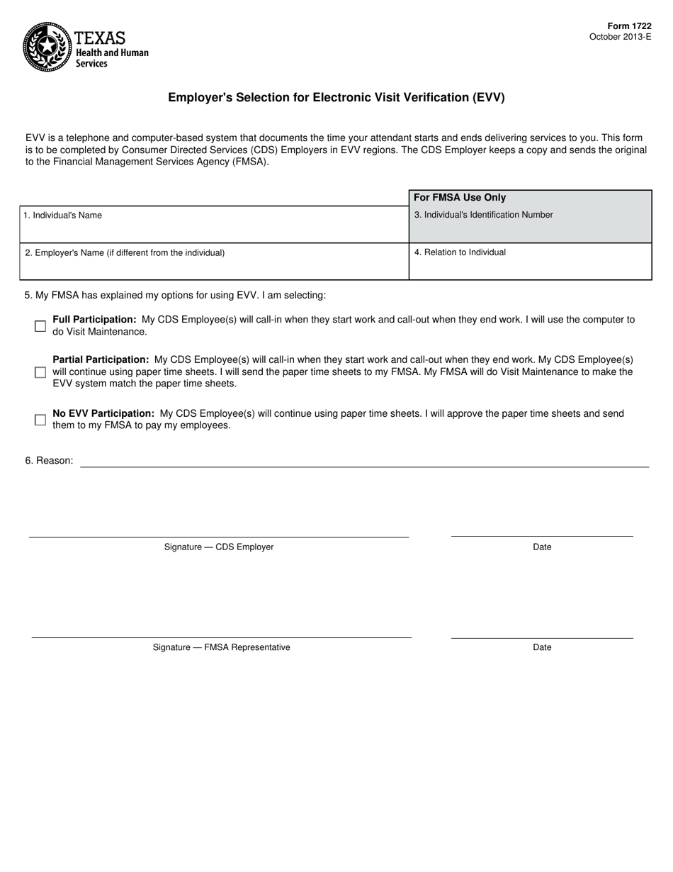 Form 1722 Employers Selection for Electronic Visit Verification Responsibilities - Texas, Page 1