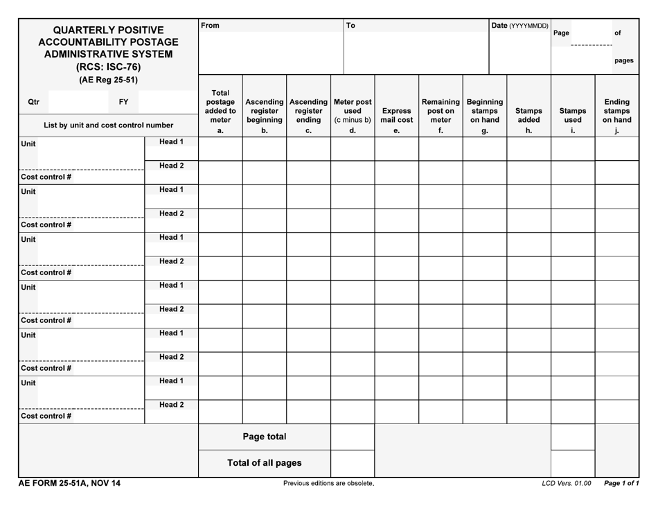 AE Form 25-51A Quarterly Positive Accountability Postage Administrative System (Rcs: Isc-76), Page 1