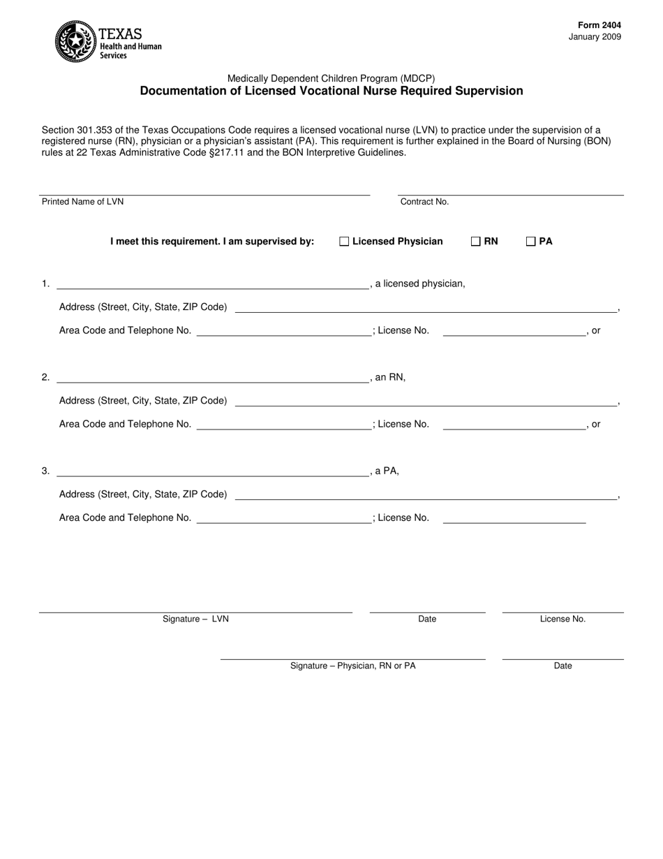 Form 2404 Documentation of Licensed Vocational Nurse Required Supervision - Texas, Page 1