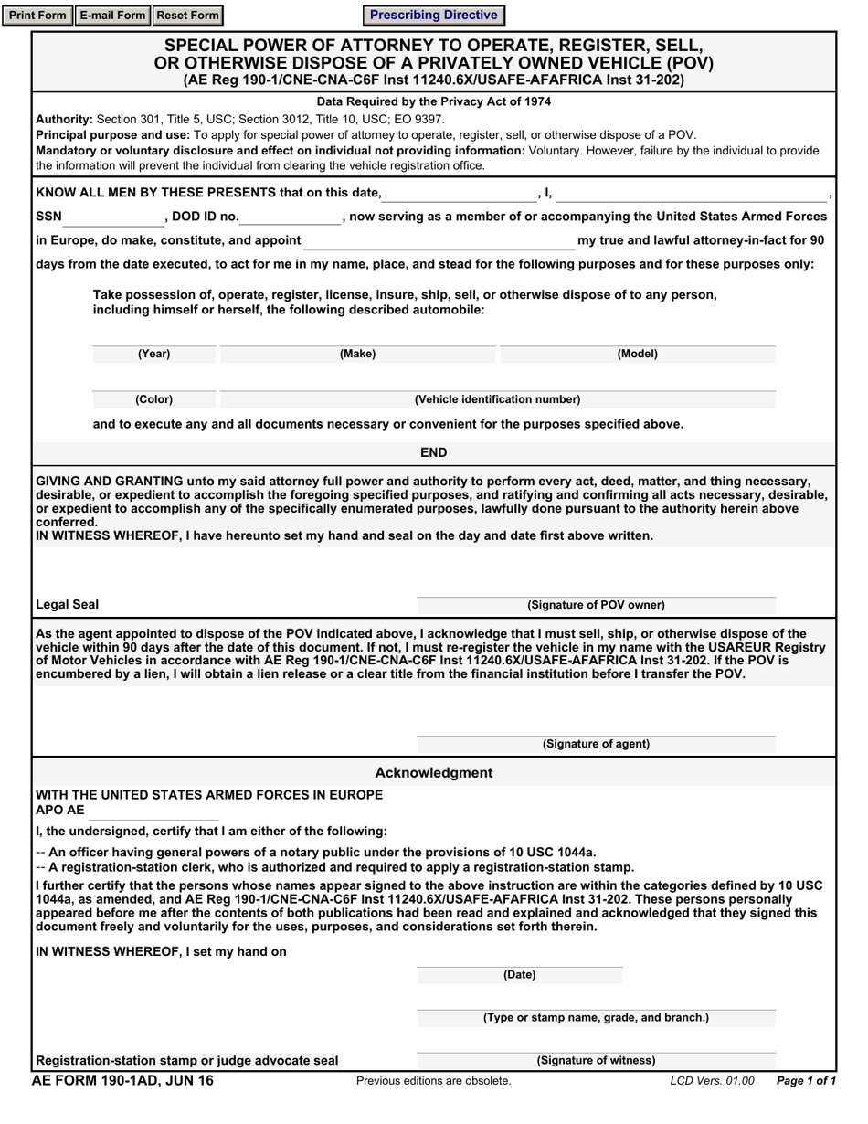 AE Form 190-1AD Special Power of Attorney to Operate, Register, Sell, or Otherwise Dispose of a Privately Owned Vehicle (Pov), Page 1