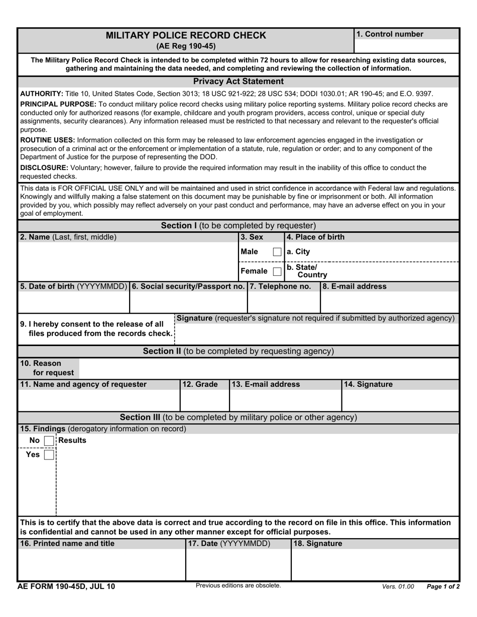 AE Form 190-45D Military Police Record Check, Page 1