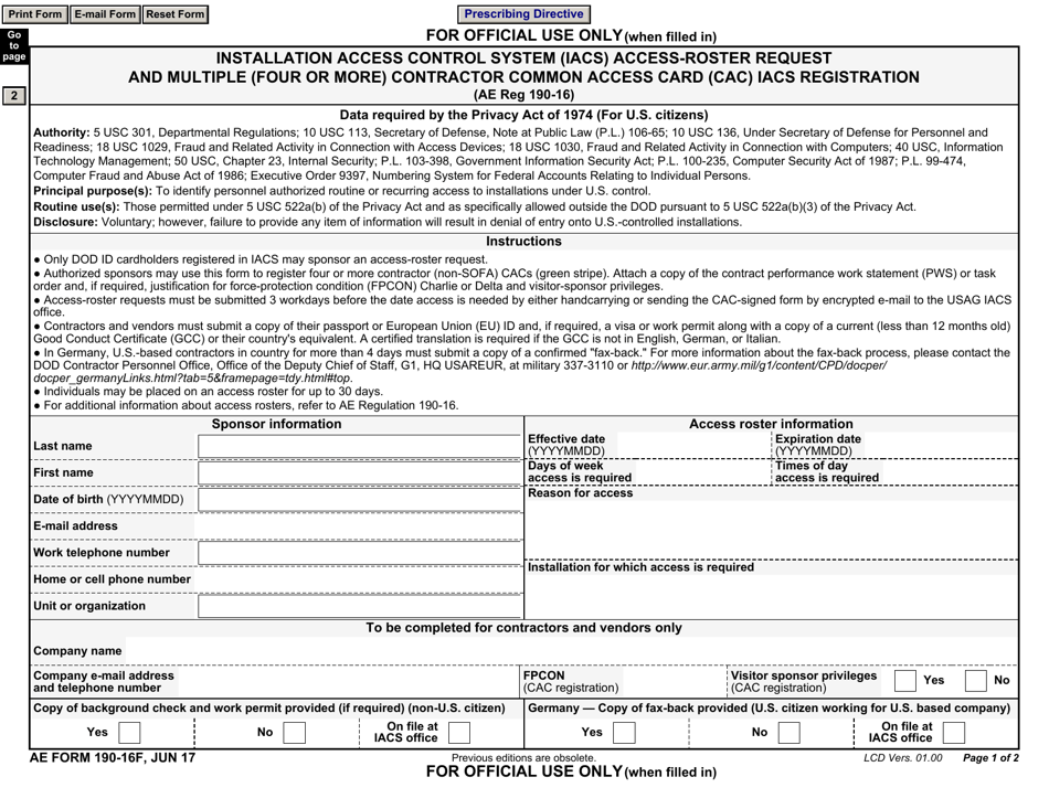 AE Form 19016F Download Fillable PDF or Fill Online Installation