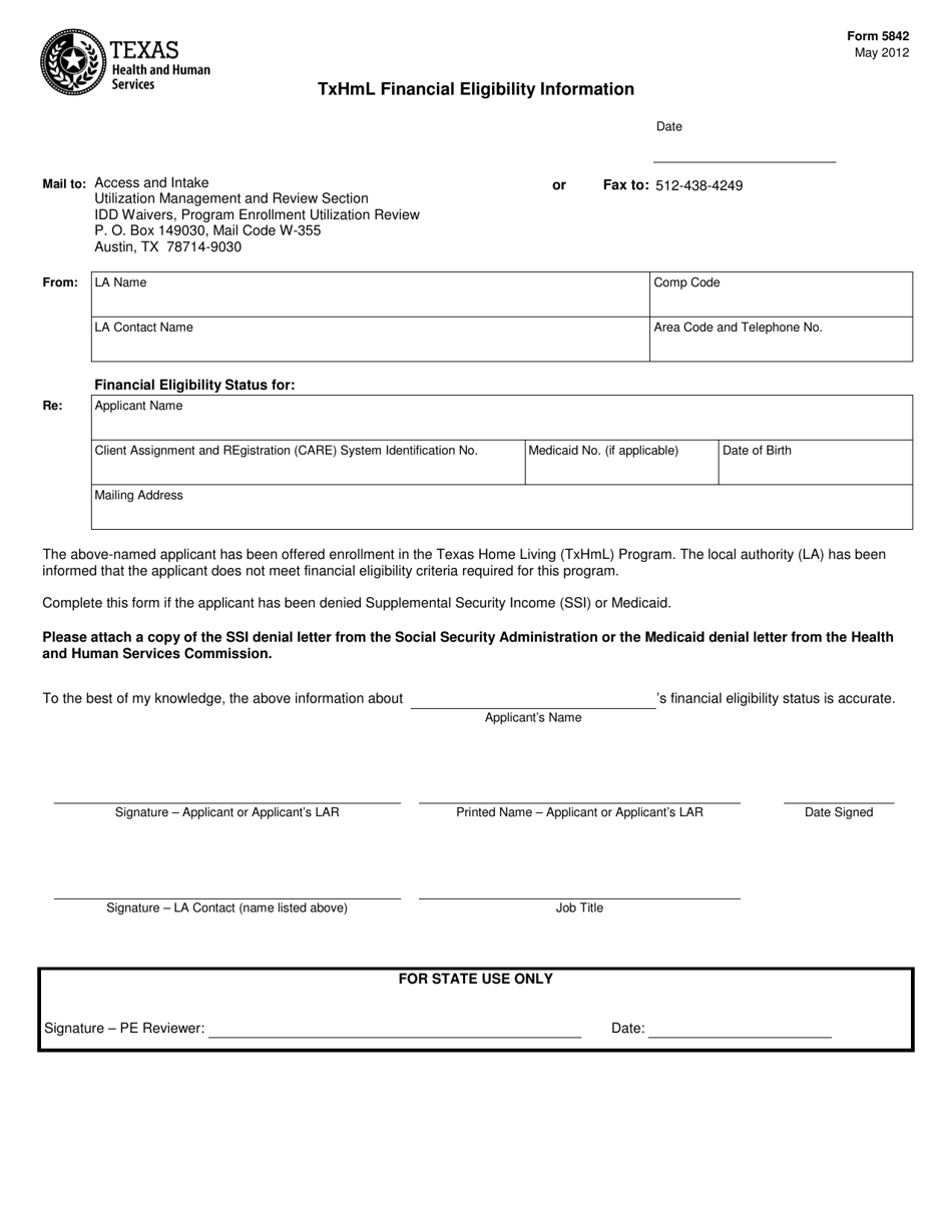 Form 5842 Download Printable PDF or Fill Online Txhml Financial ...