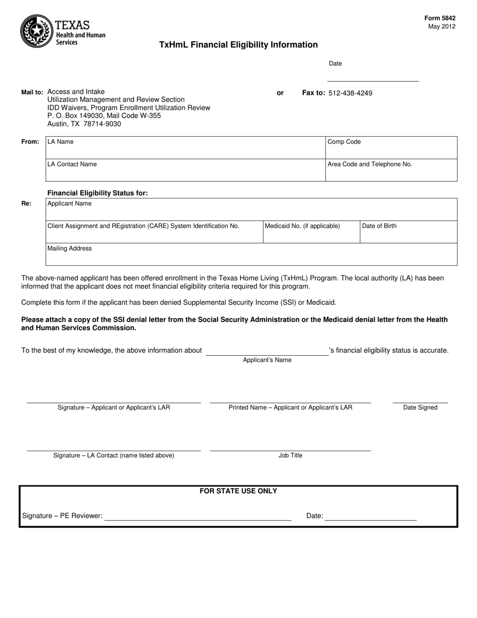 Form 5842 Txhml Financial Eligibility Information - Texas, Page 1