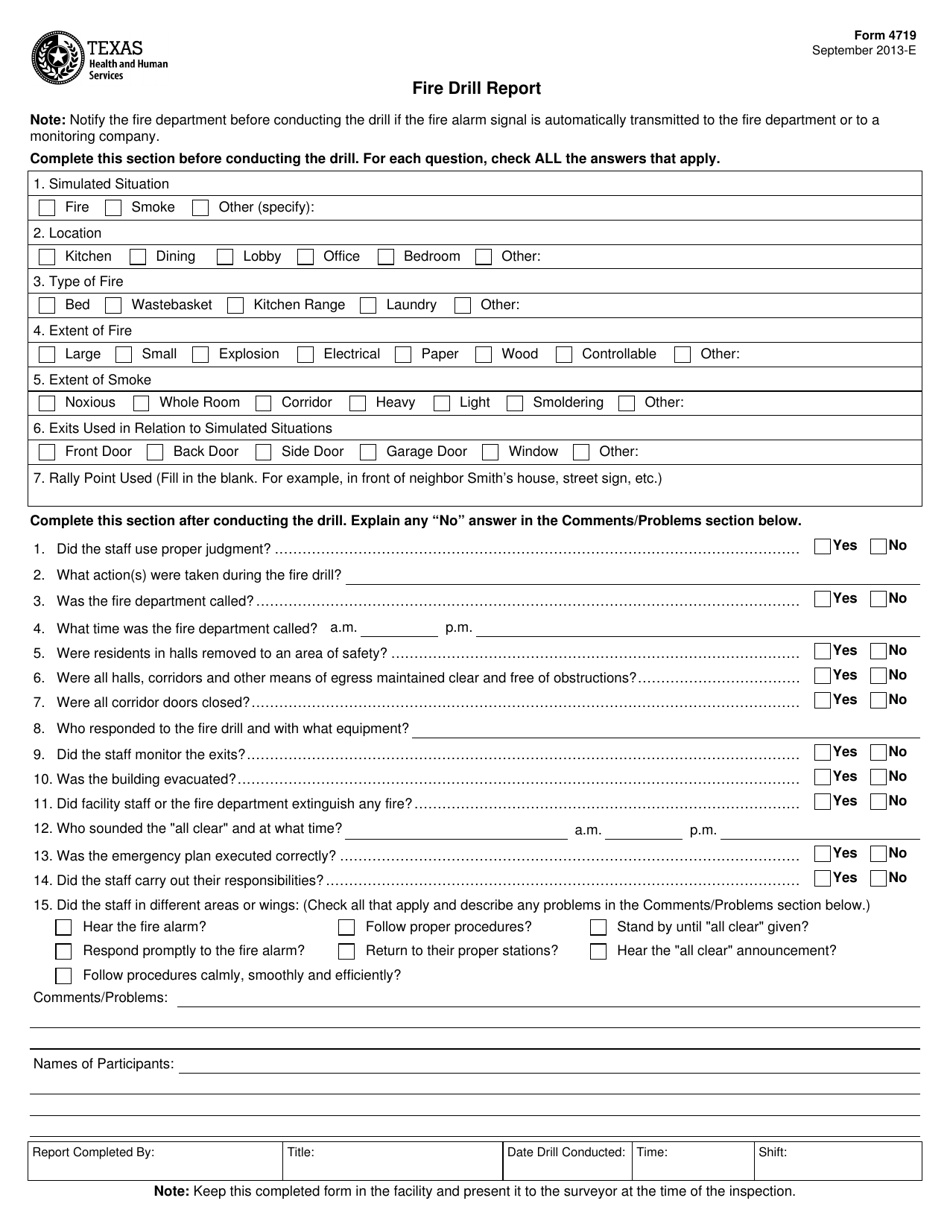 Form 4719 Fire Drill Report - Texas, Page 1