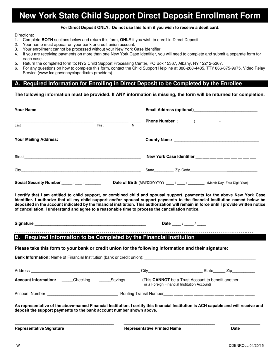 New York State Child Support Direct Deposit Enrollment Form - New York, Page 1