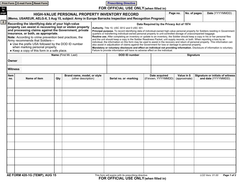 AE Form 420-1G (TEMP) High-Value Personal Property Inventory Record, Page 1