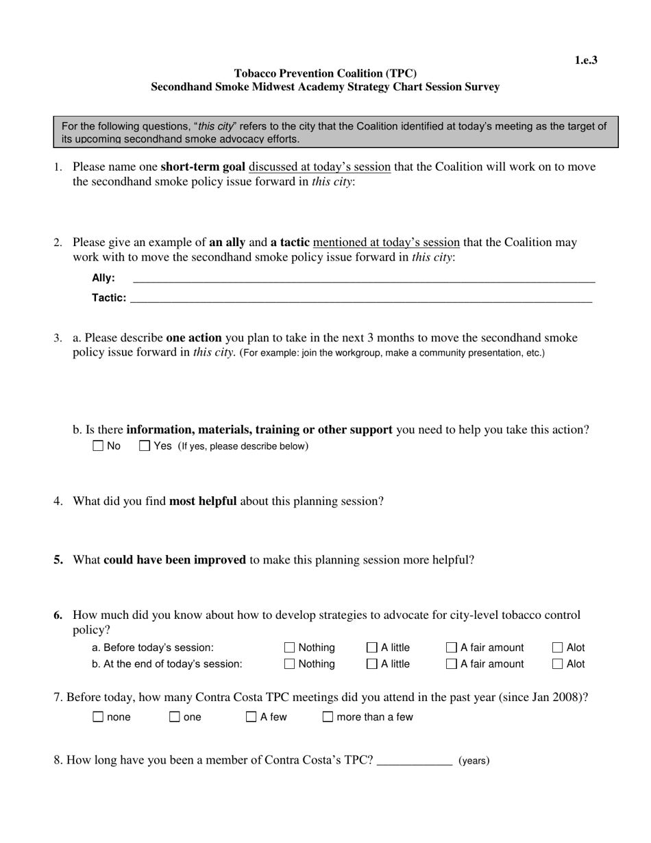 Tobacco Prevention Coalition (Tpc) Secondhand Smoke Midwest Academy Strategy Chart Session Survey - California, Page 1