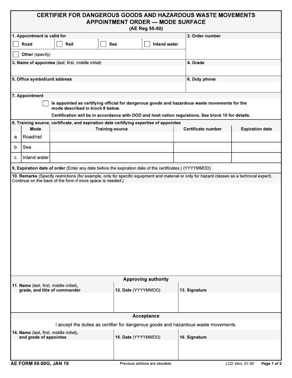 AE Form 55-50G Certifier for Dangerous Goods and Hazardous Waste Movements Appointment Order - Mode Surface, Page 1