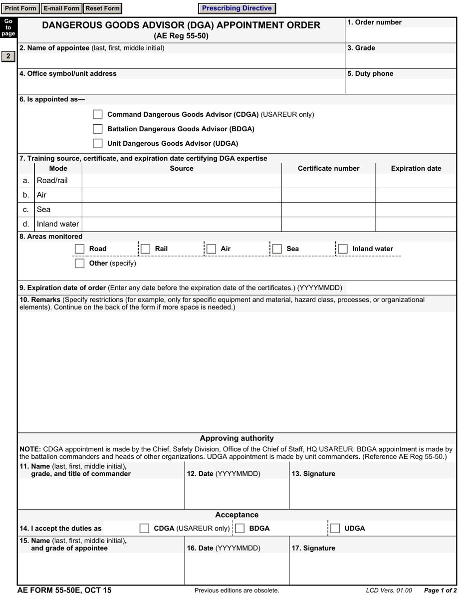 AE Form 55-50E Dangerous Goods Advisor (Dga) Appointment Order, Page 1
