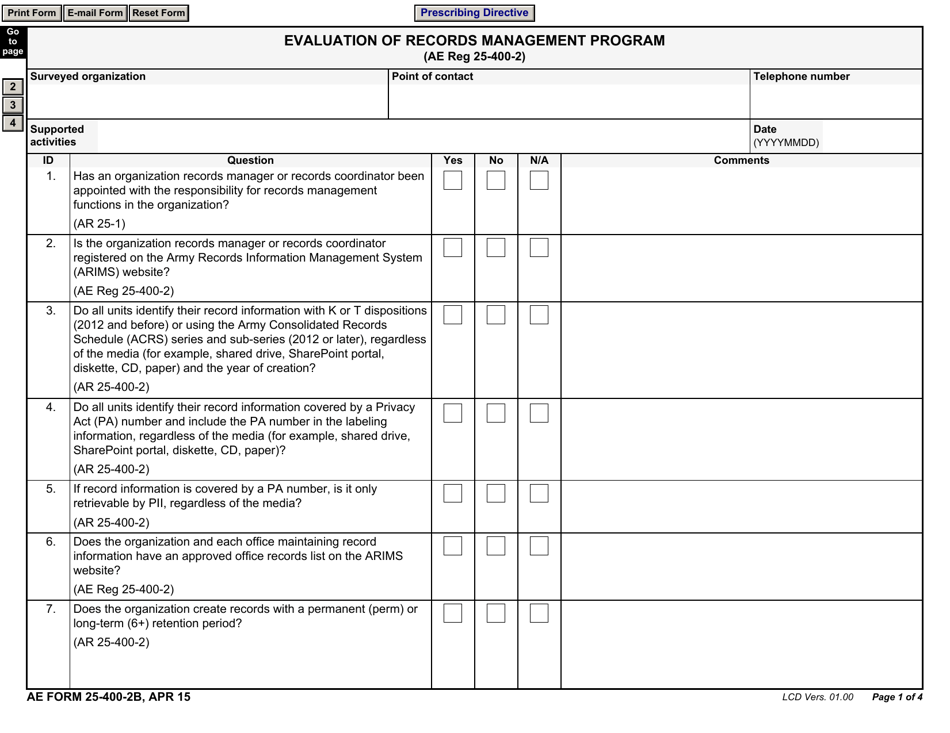 AE Form 25-400-2B Evaluation of Records Management Program, Page 1