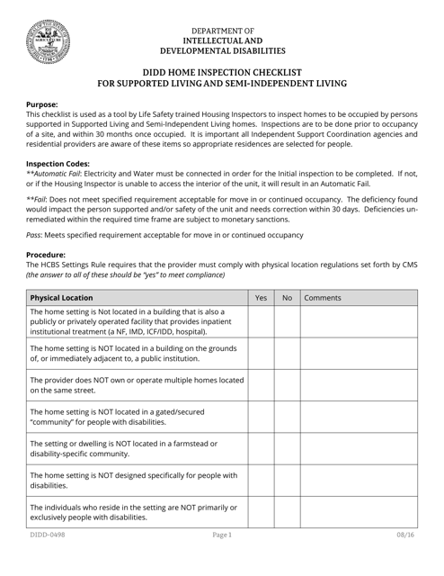 Form DIDD-0498 Didd Home Inspection Checklist for Supported Living and Semi-independent Living - Tennessee