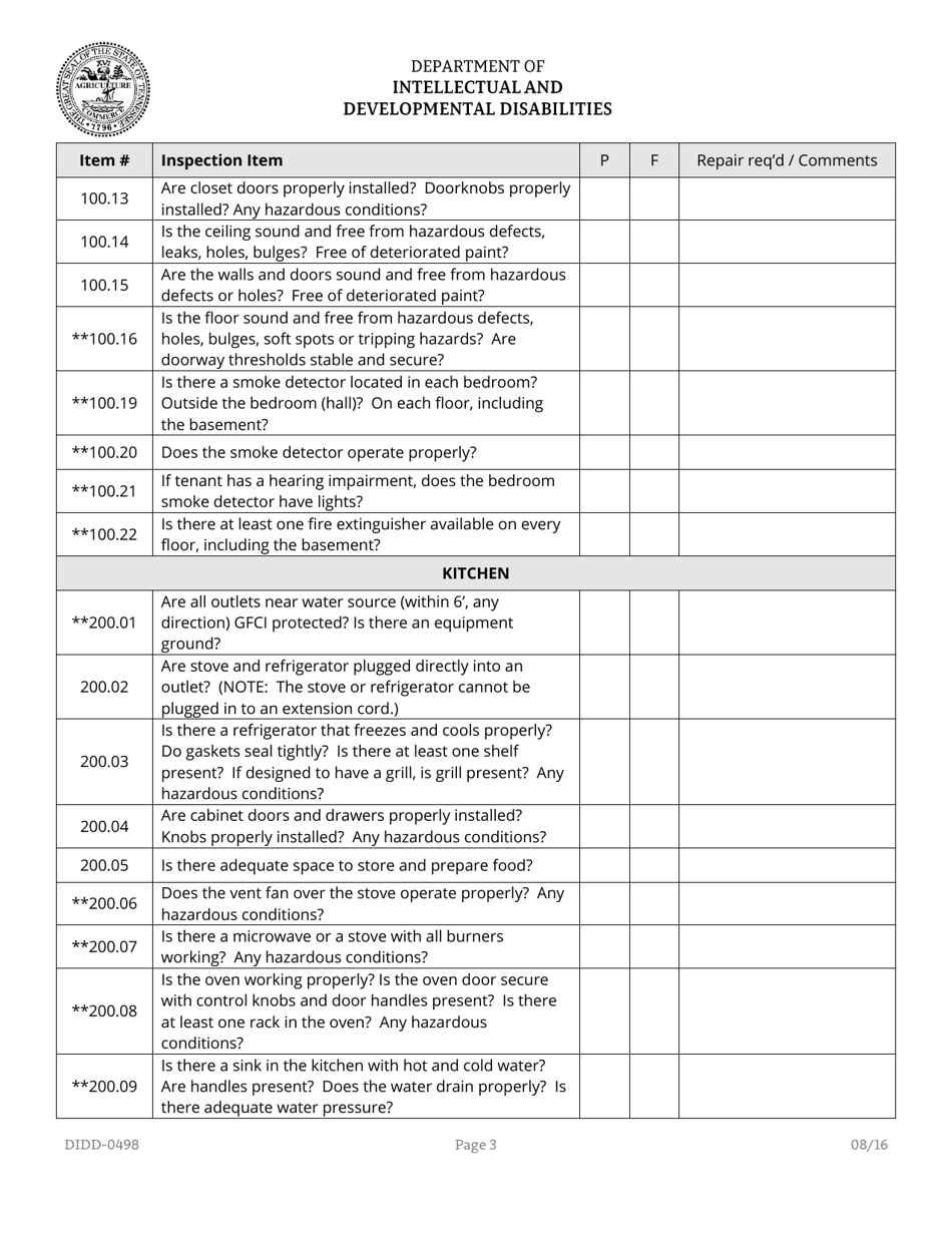 Form DIDD-0498 Didd Home Inspection Checklist for Supported Living and Semi-independent Living - Tennessee, Page 3