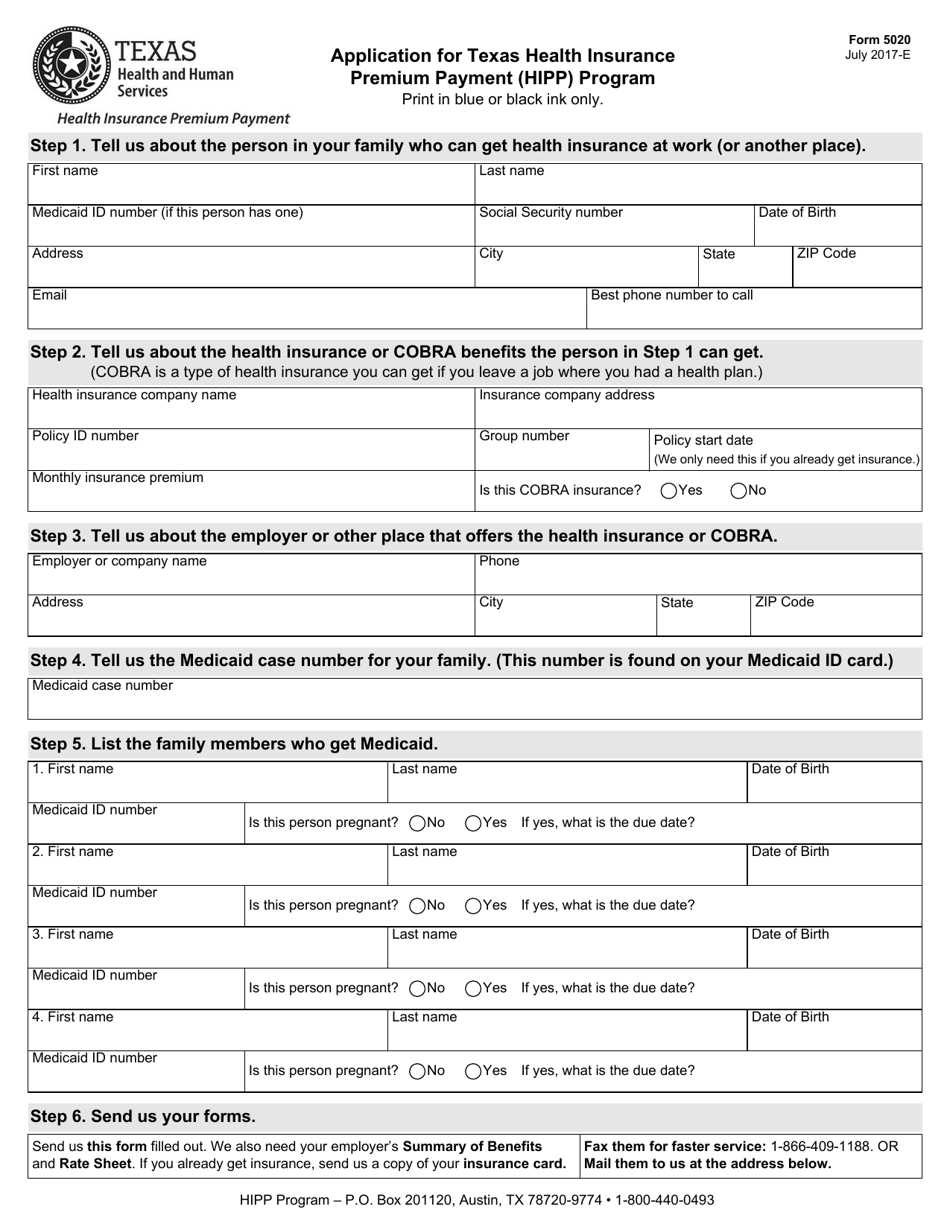 Form 5020 Application for Texas Health Insurance Premium Payment (HIPP) Program - Texas, Page 1