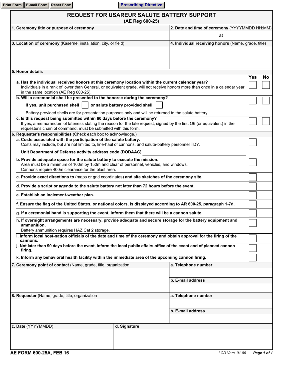 AE Form 600-25A Request for Usareur Salute Battery Support, Page 1