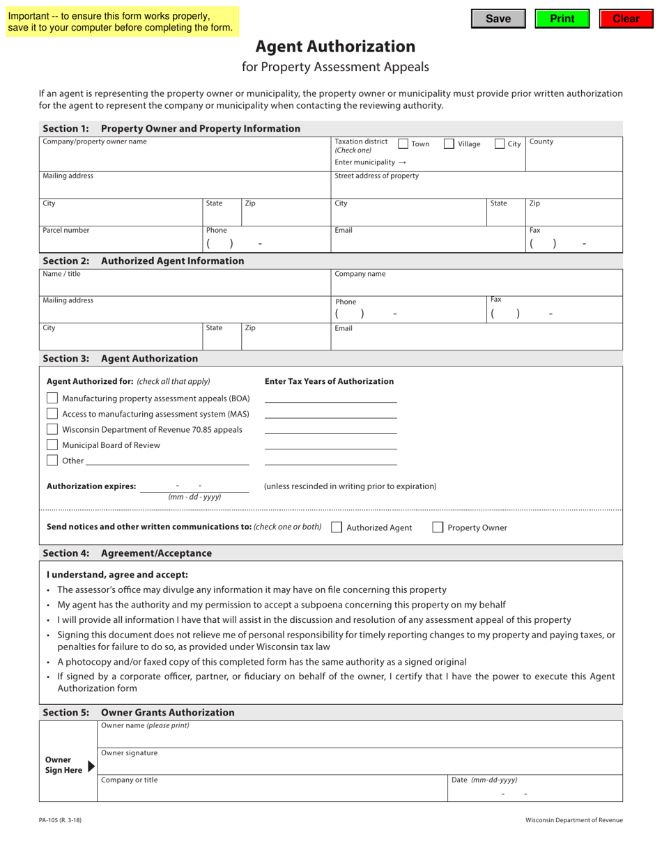 Form PA-105 Agent Authorization for Property Assessment Appeals - Wisconsin, Page 1