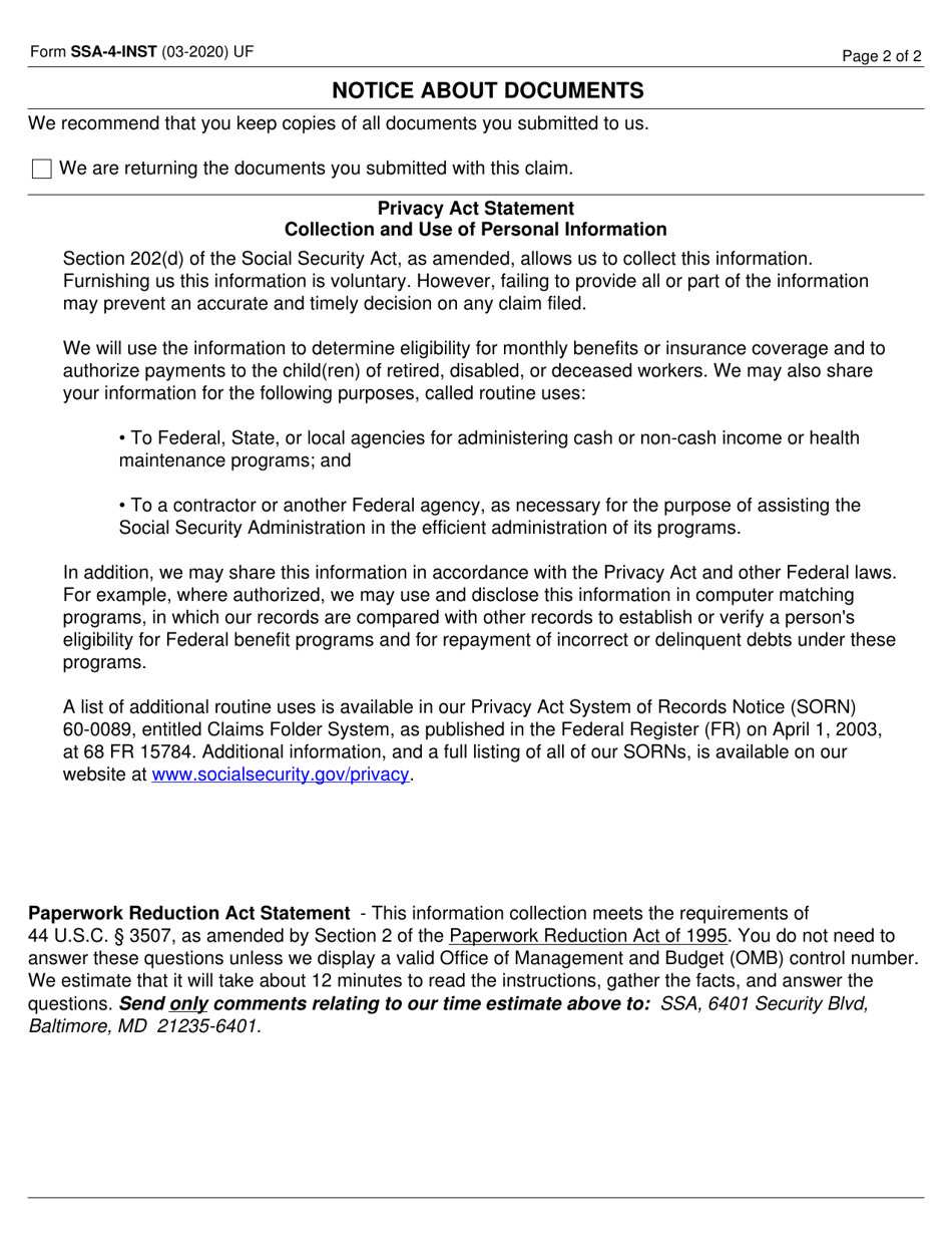 Form SSA-4-INST Reporting Responsibilities for Childs Insurance Benefits, Page 2