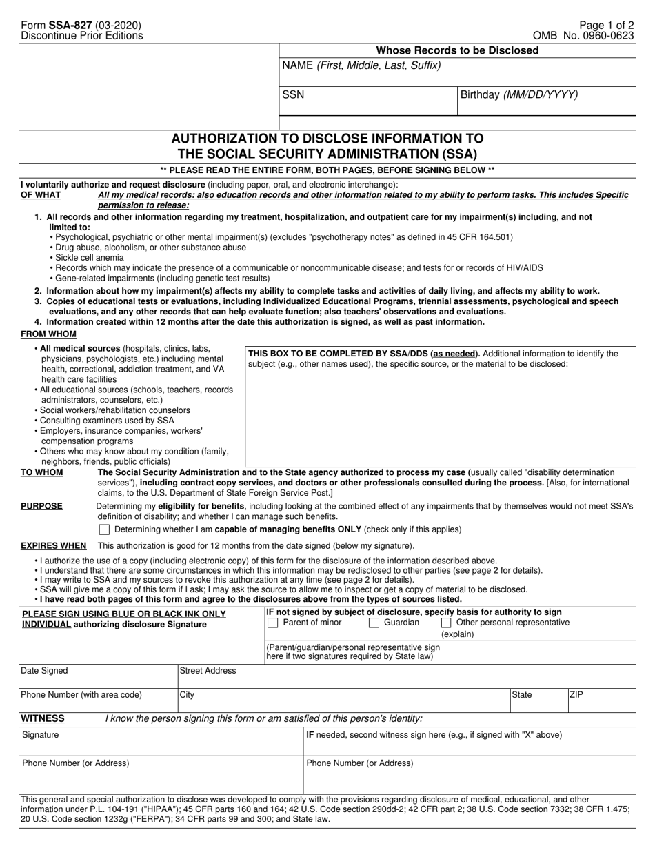 Form SSA-827 Authorization to Disclose Information to the Social Security Administration (Ssa), Page 1