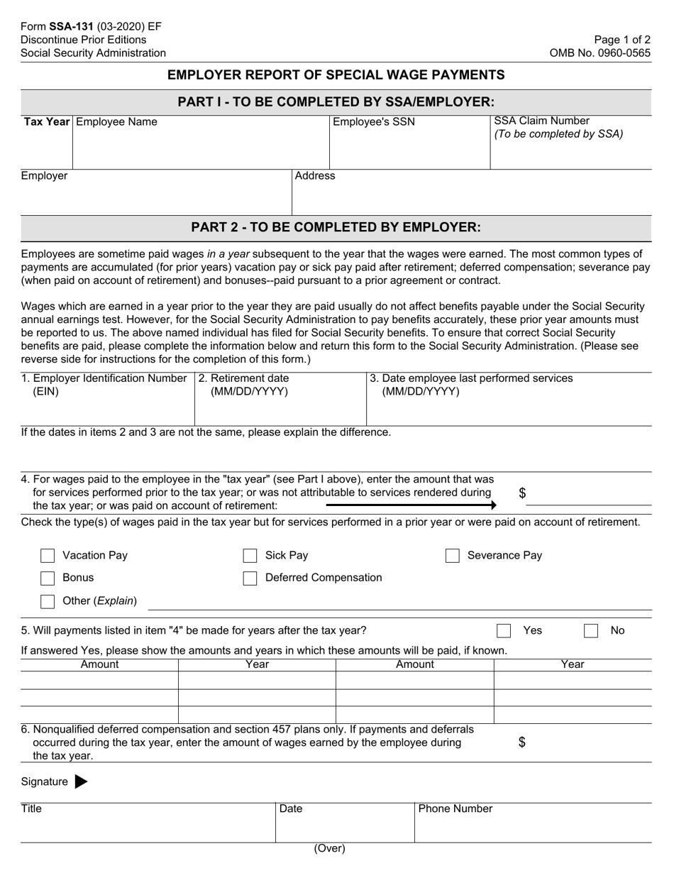 Form SSA-131 Employer Report of Special Wage Payments, Page 1