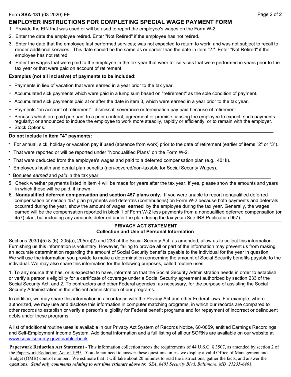 Form Ssa 131 Download Fillable Pdf Or Fill Online Employer Report Of Special Wage Payments 3446