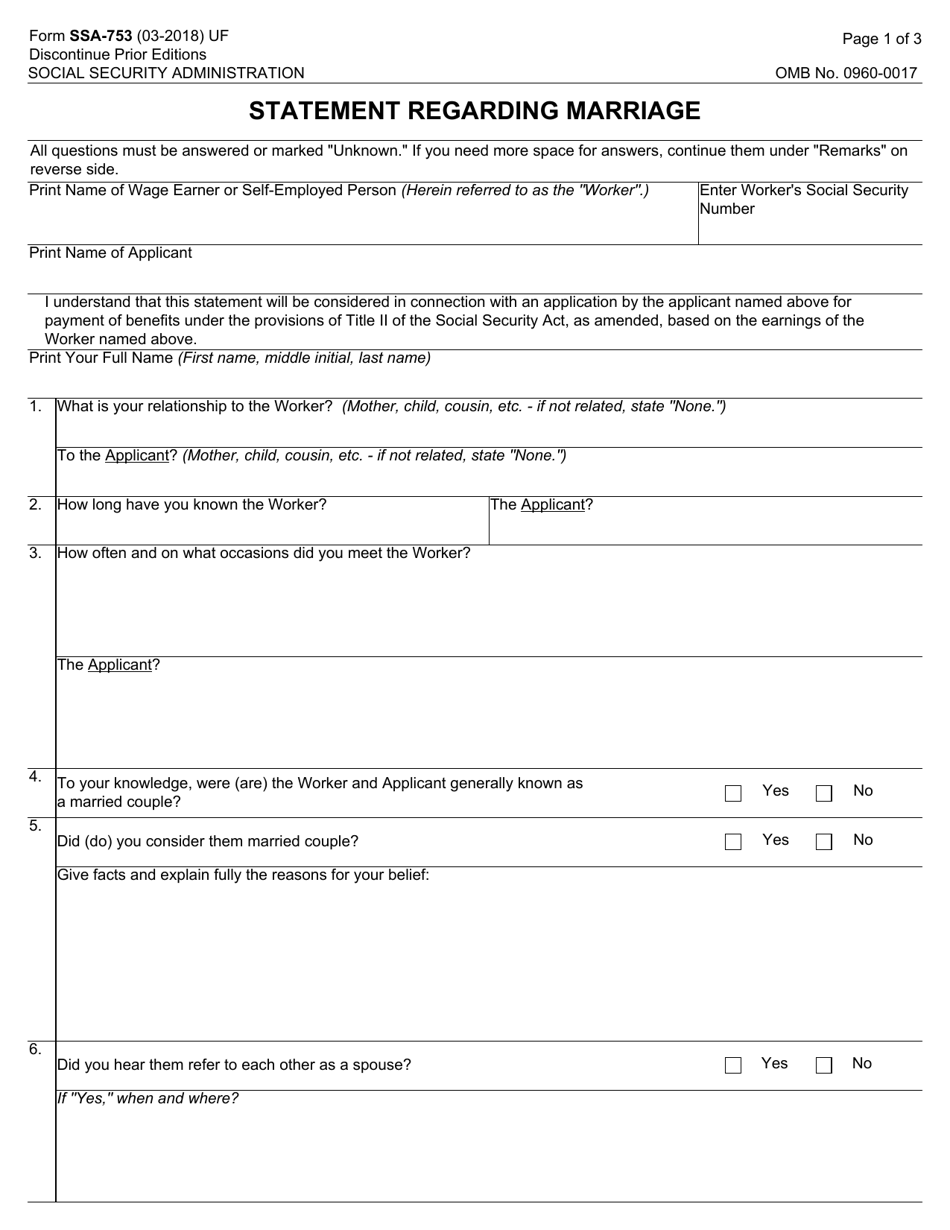 Form SSA-753 Statement Regarding Marriage, Page 1