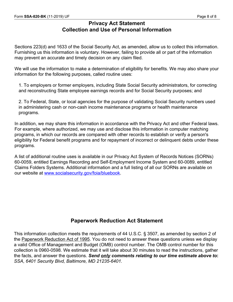 Form SSA-820-BK Social Security Administration Retirement, Survivors, and Disability Insurance, Page 8