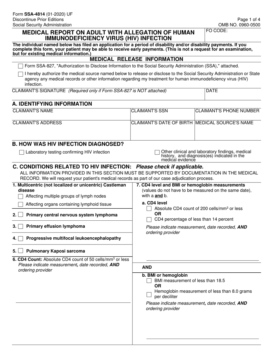 Form SSA-4814 Medical Report on Adult With Allegation of Human Immunodeficiency Virus (HIV) Infection, Page 1