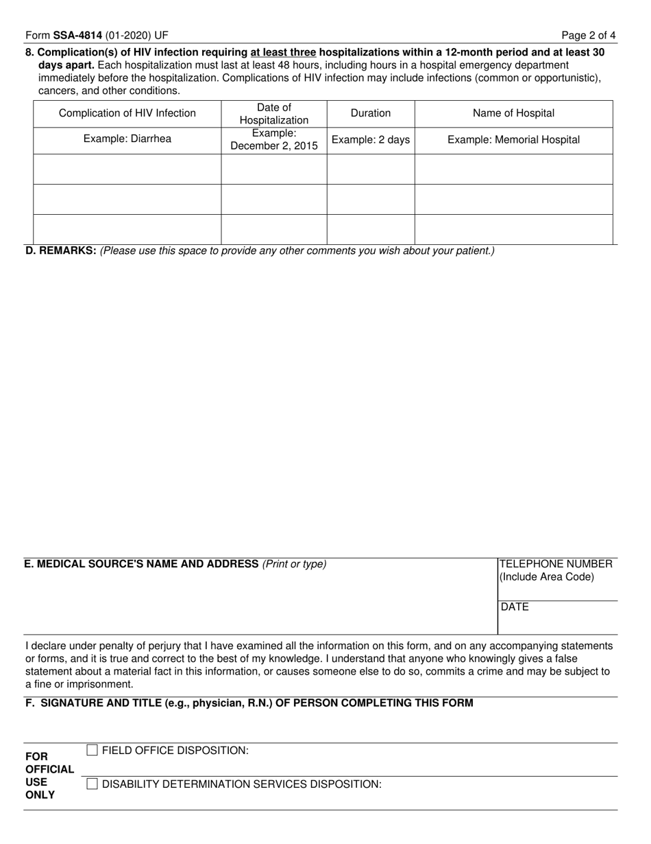 Form SSA-4814 Medical Report on Adult With Allegation of Human Immunodeficiency Virus (HIV) Infection, Page 2