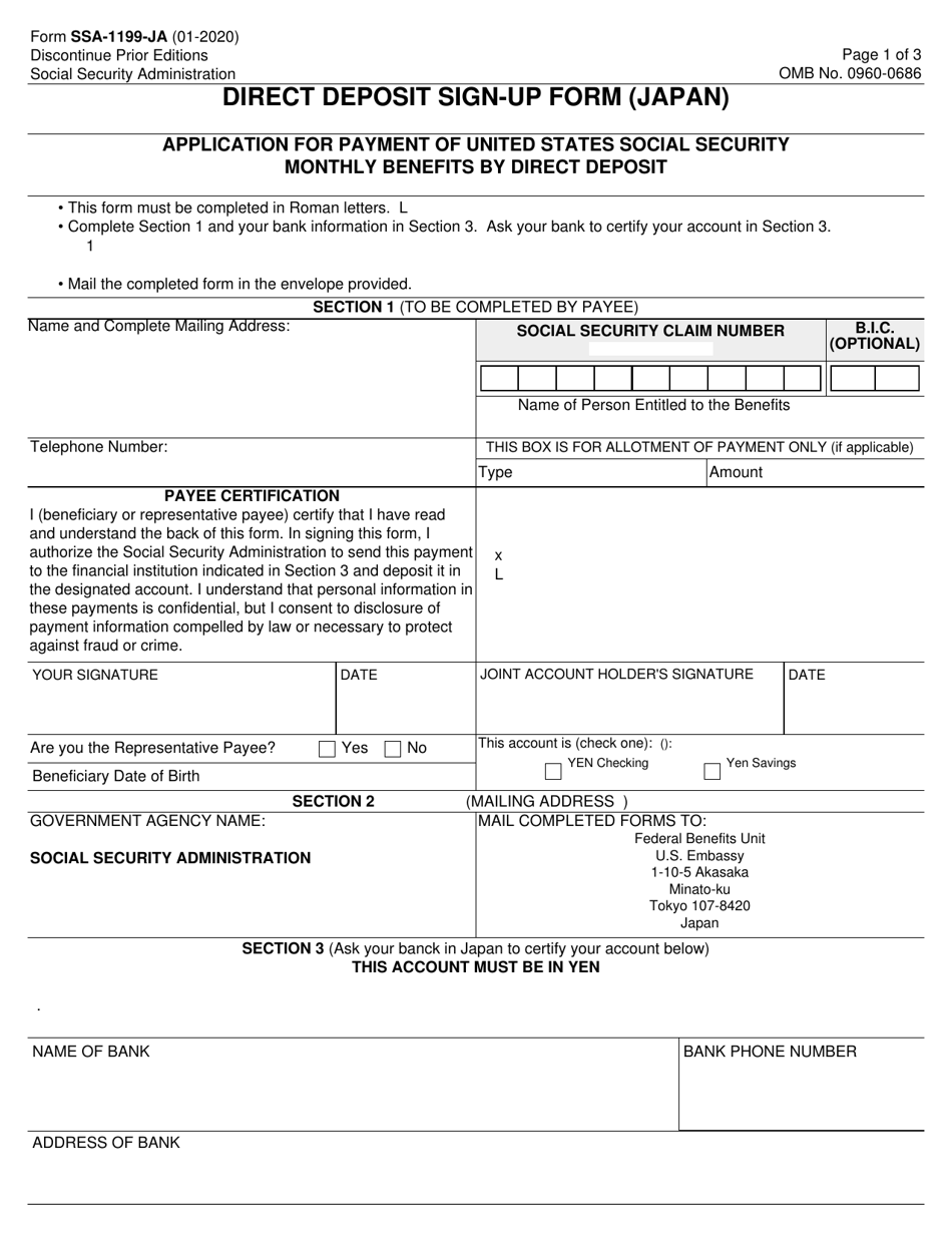 Form SSA-1199-JA Direct Deposit Sign-Up Form (Japan), Page 1