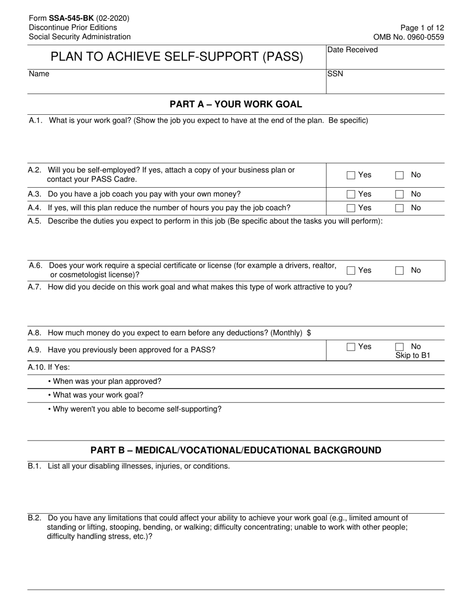 Form SSA-545-BK Plan to Achieve Self-support (Pass), Page 1
