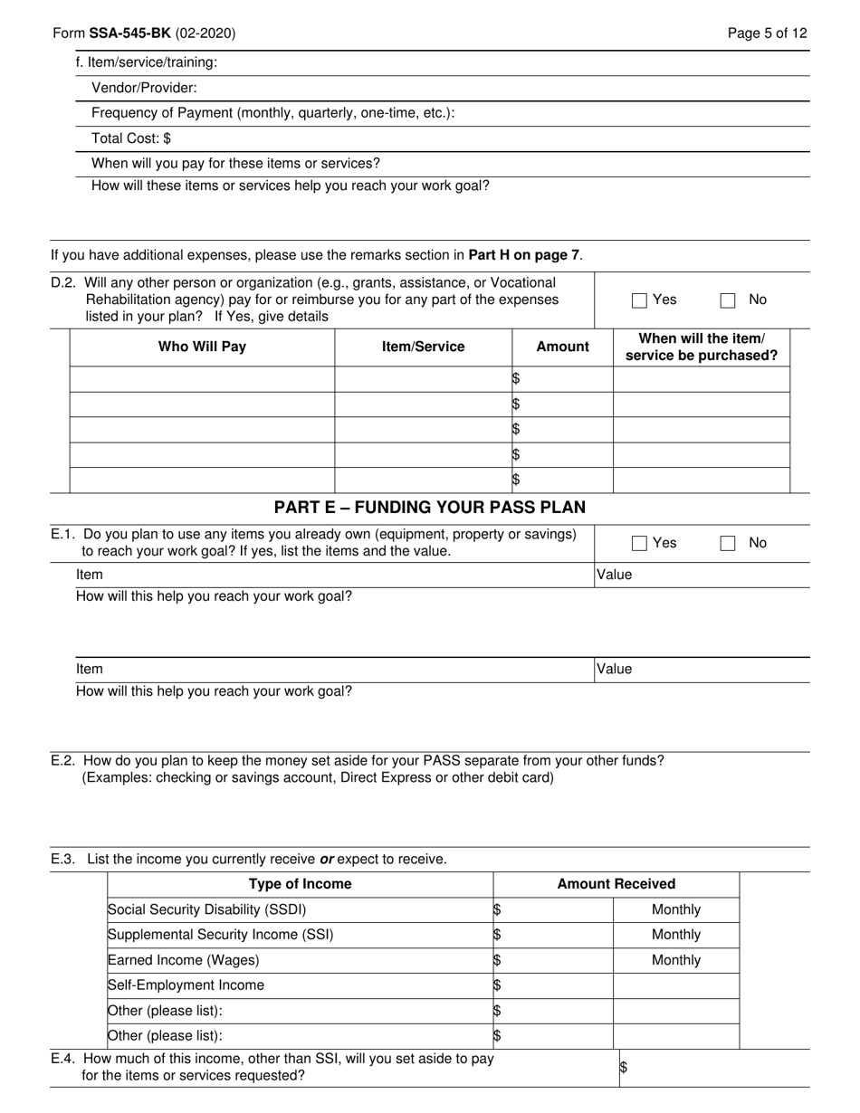 Form SSA-545-BK Plan to Achieve Self-support (Pass), Page 5