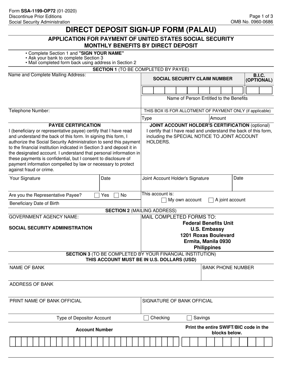 Form SSA-1199-OP72 Direct Deposit Sign-Up Form (Palau), Page 1