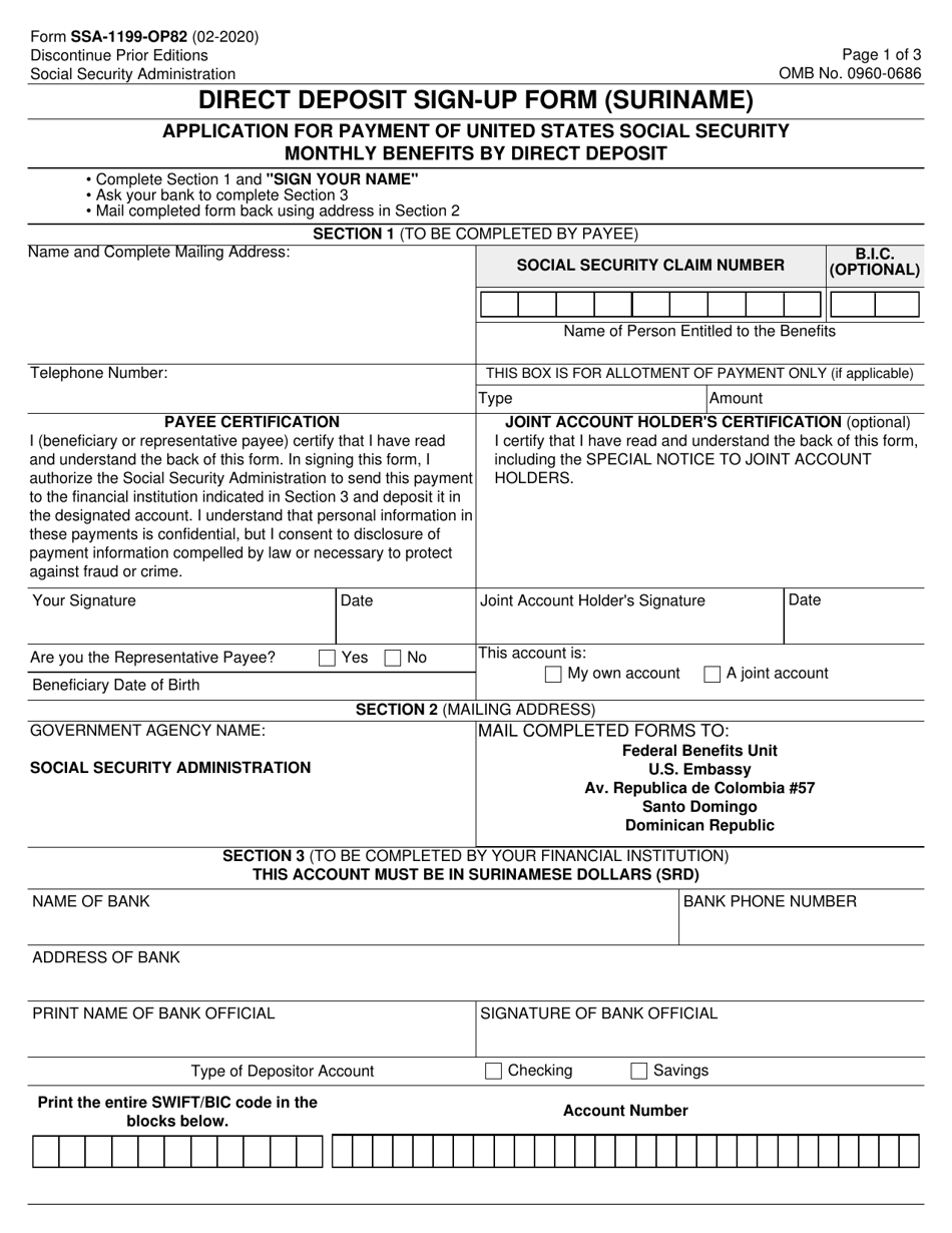 Form SSA-1199-OP82 Direct Deposit Sign-Up Form (Suriname), Page 1