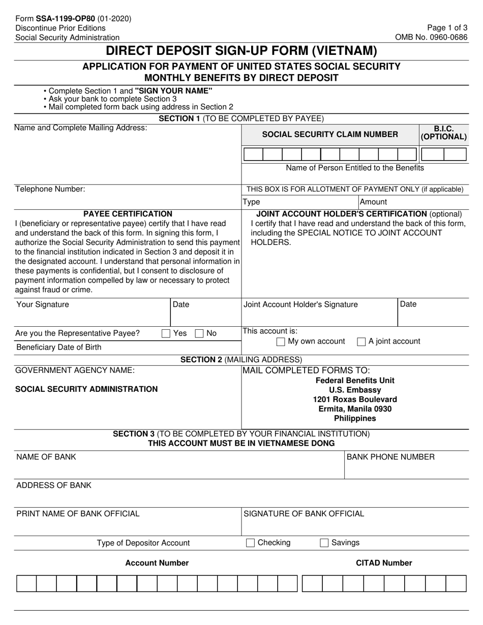 Form SSA-1199-OP80 Direct Deposit Sign-Up Form (Vietnam), Page 1