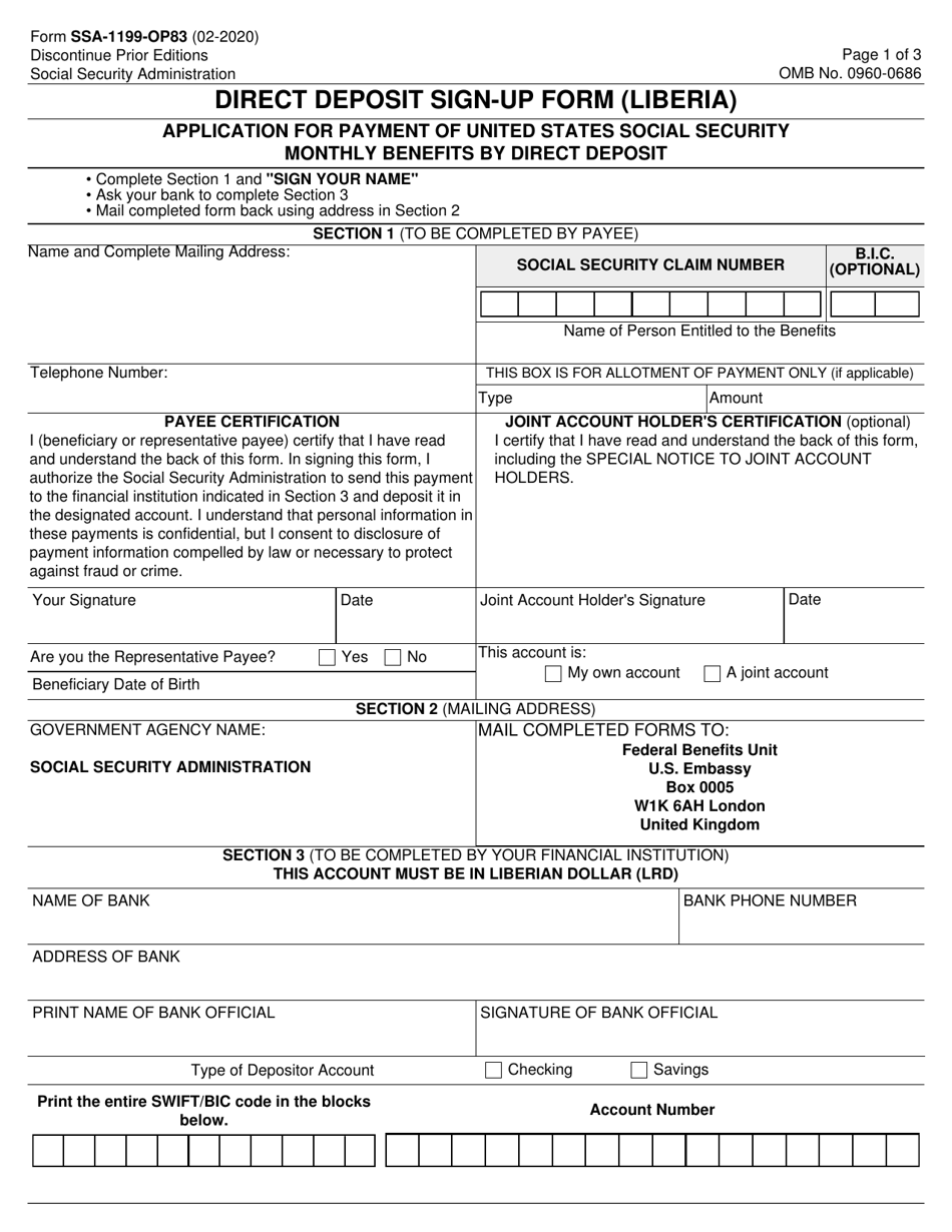 Form SSA-1199-OP83 Direct Deposit Sign-Up Form (Liberia), Page 1