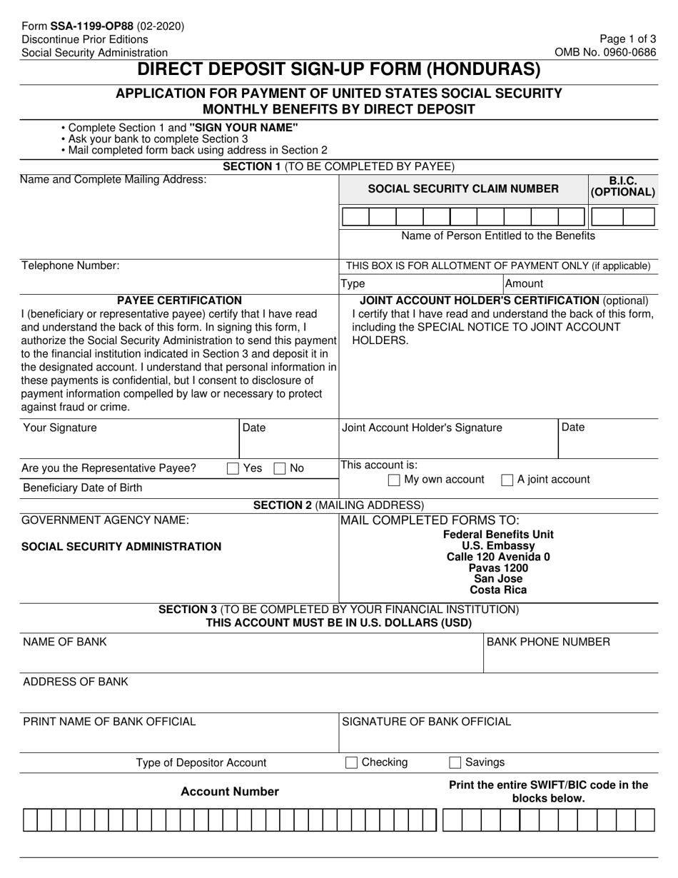 Form SSA-1199-OP88 Direct Deposit Sign-Up Form (Honduras), Page 1