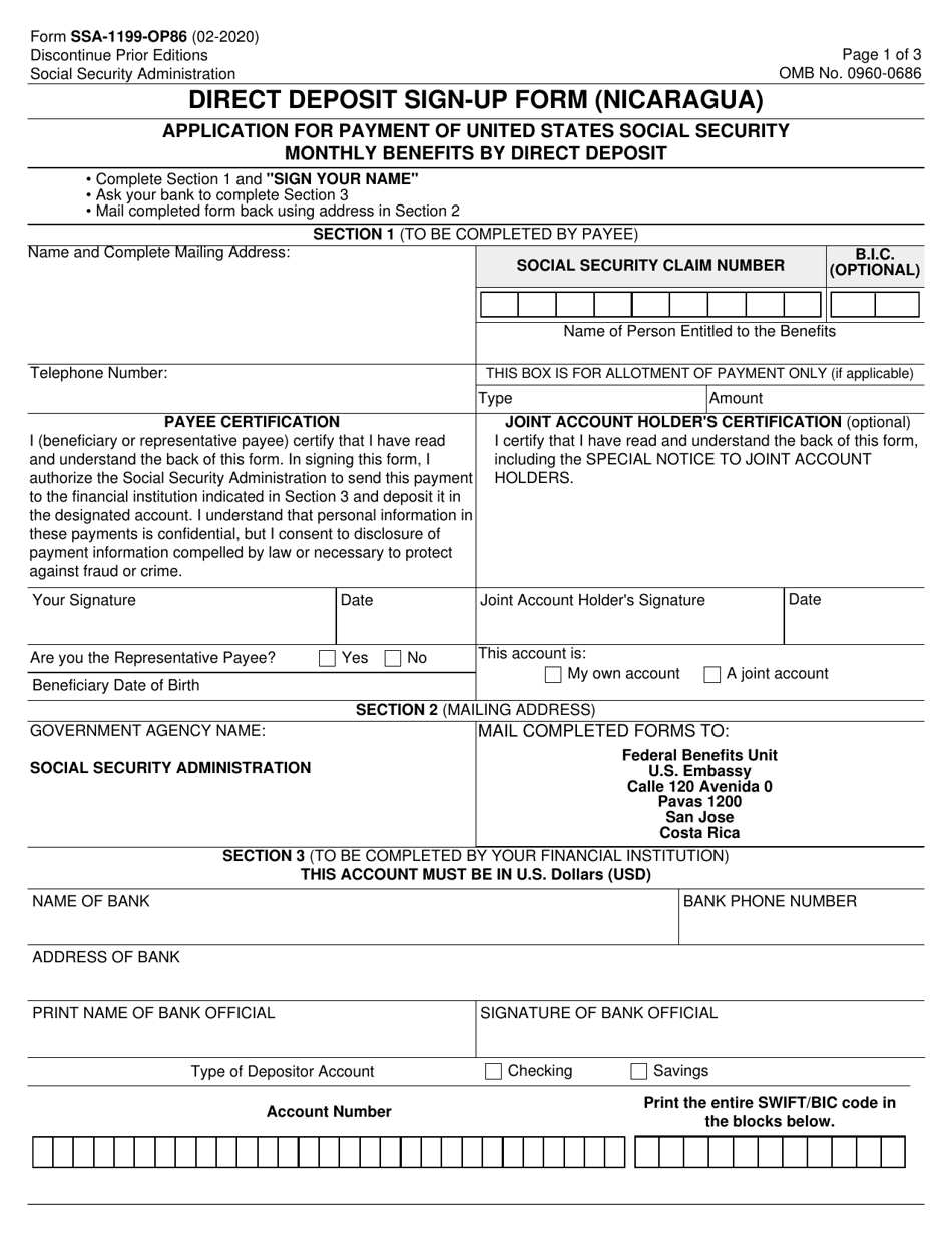 Form SSA-1199-OP86 Direct Deposit Sign-Up Form (Nicaragua), Page 1