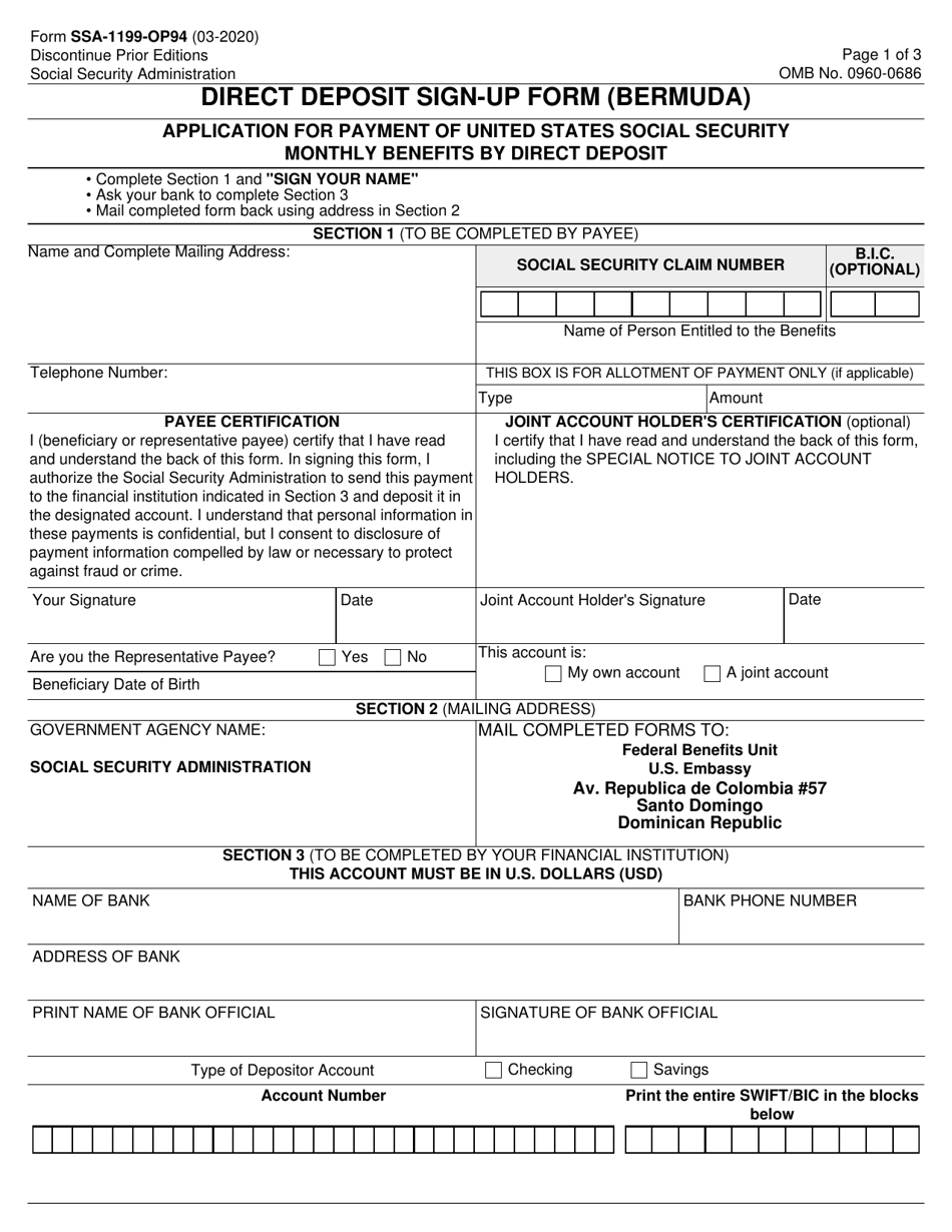 Form SSA-1199-OP94 Direct Deposit Sign-Up Form (Bermuda), Page 1