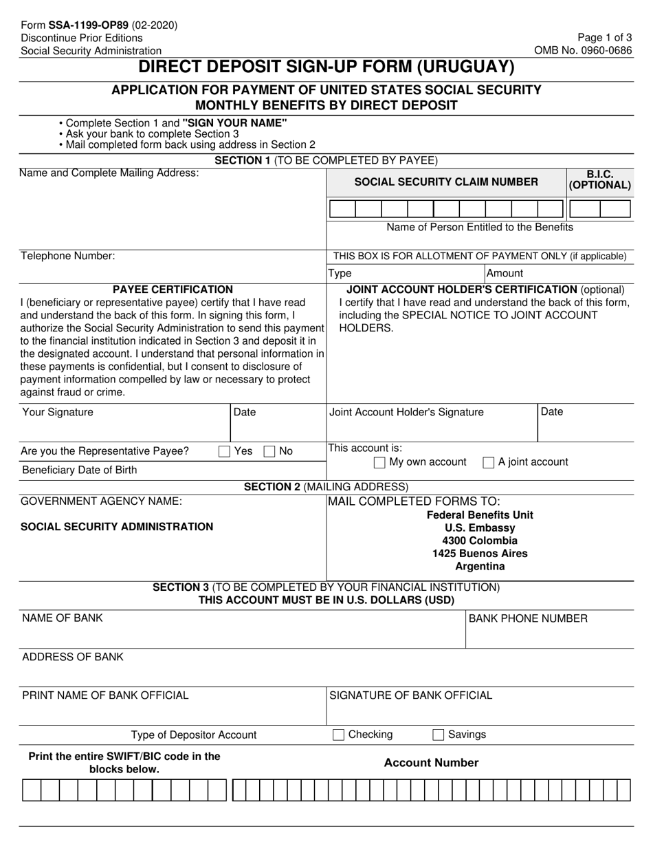 Form SSA-1199-OP89 Direct Deposit Sign-Up Form (Uruguay), Page 1