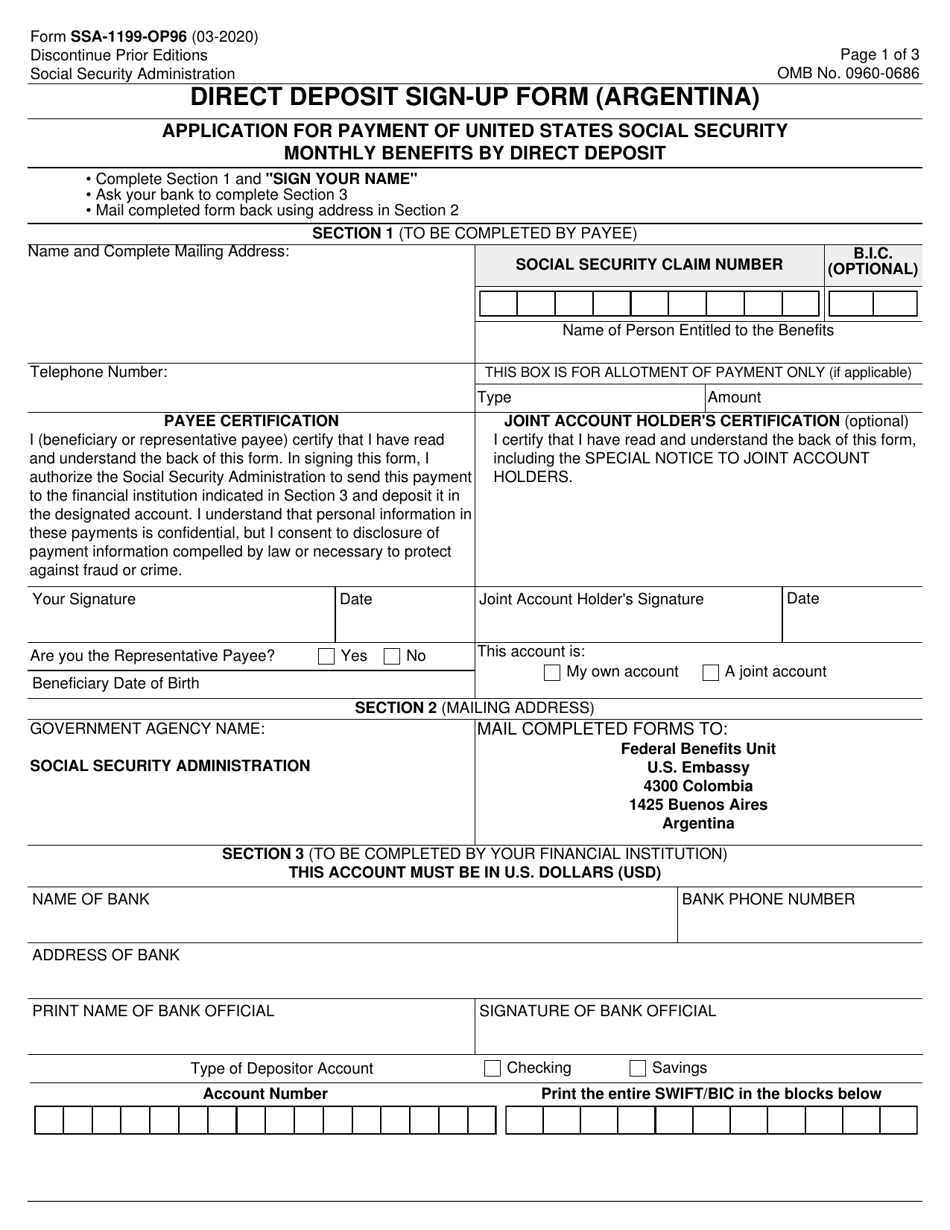 Form SSA-1199-OP96 Direct Deposit Sign-Up Form (Argentina), Page 1