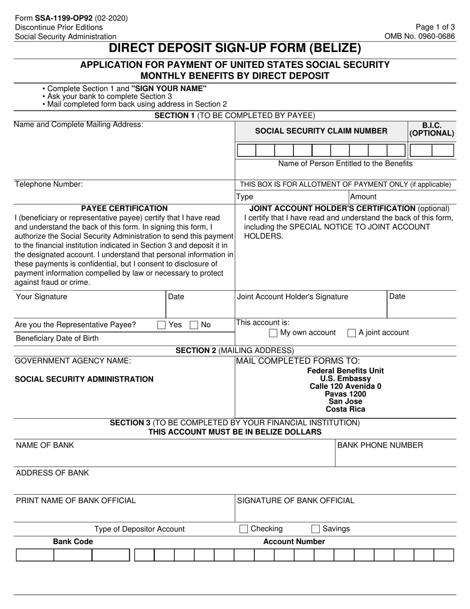Form SSA-1199-OP92 Direct Deposit Sign-Up Form (Belize), Page 1