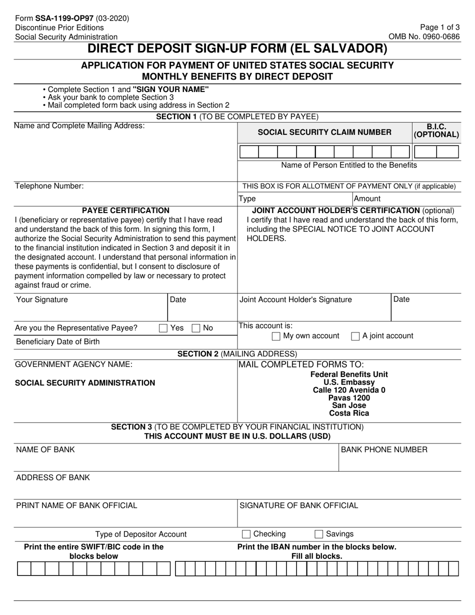 Form SSA-1199-OP97 Direct Deposit Sign-Up Form (El Salvador), Page 1