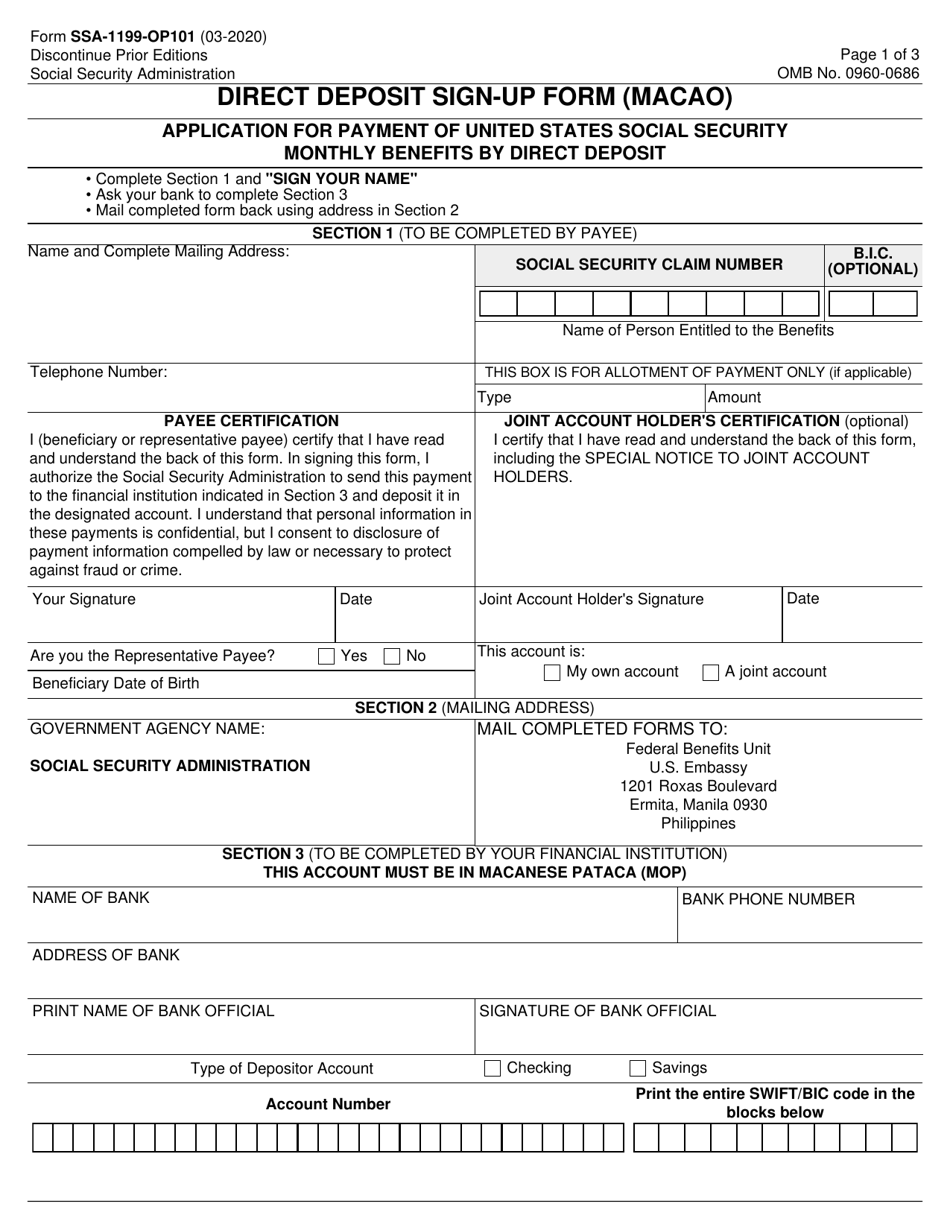 Form SSA-1199-OP101 Direct Deposit Sign-Up Form (Macao), Page 1