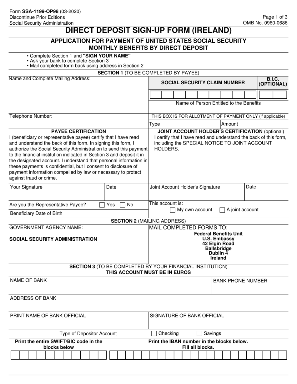 Form SSA-1199-OP98 Direct Deposit Sign-Up Form (Ireland), Page 1
